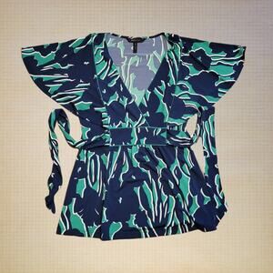 BCBGMAXAZRIA, M | y2k Flutter Sleeve Deep V Neck Tunic Waist Tie Top